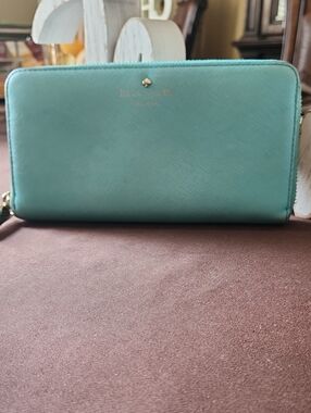 kate spade Turquoise Zip-Around Saffiano Wallet with Gold Accent